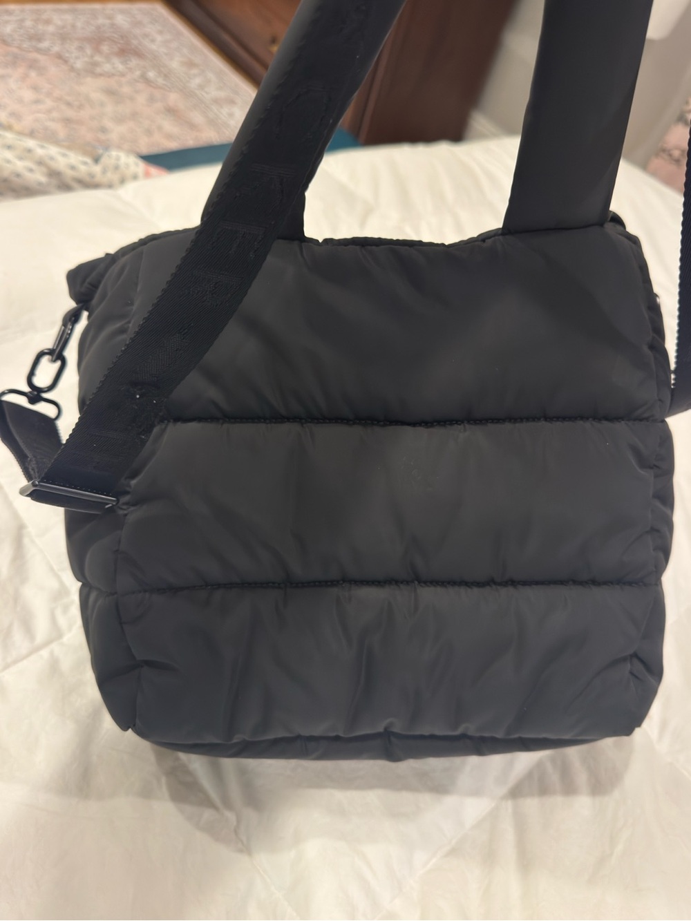 Thacker Quinn puffy Quilted Black Shoulder Bag with Front Zip Pocket